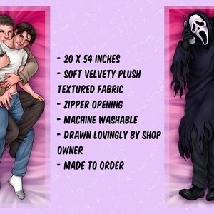 May include: Body pillow featuring a digitally drawn image of two men embracing, one holding a knife, and a second image of the Ghostface killer from the Scream movies. The pillow is 20 x 54 inches, made of soft, velvety plush fabric with a zipper opening.