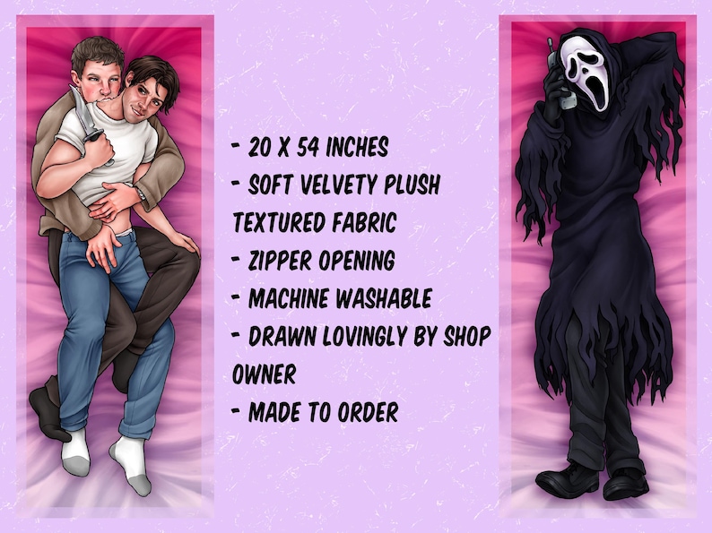 May include: Body pillow featuring a digitally drawn image of two men embracing, one holding a knife, and a second image of the Ghostface killer from the Scream movies. The pillow is 20 x 54 inches, made of soft, velvety plush fabric with a zipper opening.