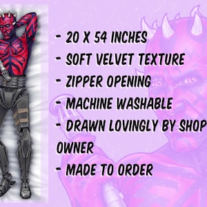 May include: A rectangular body pillow cover measuring 20 x 54 inches, featuring a printed illustration of a red and black horned character with robotic legs holding a lightsaber. The soft velvet fabric includes a zipper opening and is machine washable.