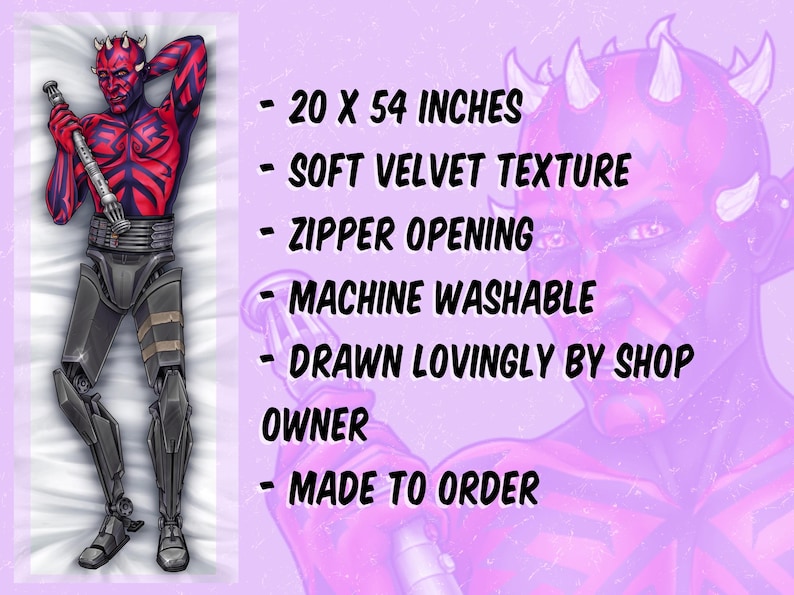 May include: A rectangular body pillow cover measuring 20 x 54 inches, featuring a printed illustration of a red and black horned character with robotic legs holding a lightsaber. The soft velvet fabric includes a zipper opening and is machine washable.