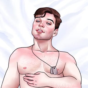 May include: A man with short brown hair is lying on a white bed. He is wearing a necklace with two silver dog tags.
