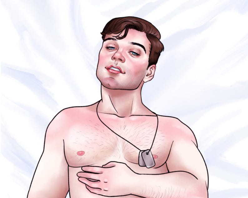 May include: A man with short brown hair is lying on a white bed. He is wearing a necklace with two silver dog tags.