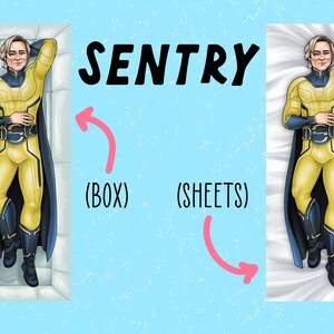 May include: Illustration of a superhero in a yellow and blue costume, lying on a pillow. The word "SENTRY" is displayed in large black letters above the image. The image is labeled "(BOX)" and "(SHEETS)".