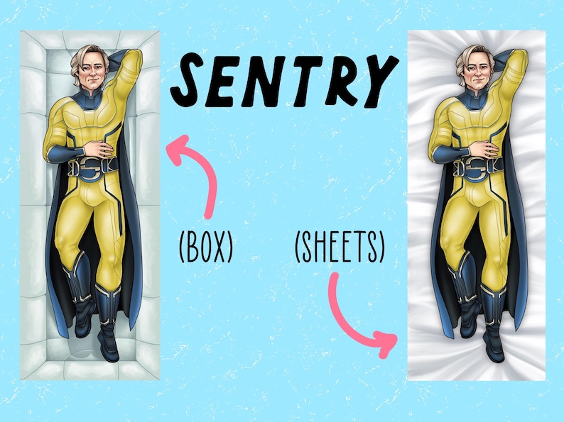 May include: Illustration of a superhero in a yellow and blue costume, lying on a pillow. The word "SENTRY" is displayed in large black letters above the image. The image is labeled "(BOX)" and "(SHEETS)".