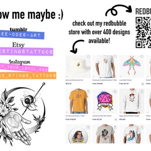 May include: Promotional image with text "follow me maybe :)" and social media handles for Tumblr, Etsy, and Instagram. Includes a Redbubble QR code and product examples like t-shirts and stickers.