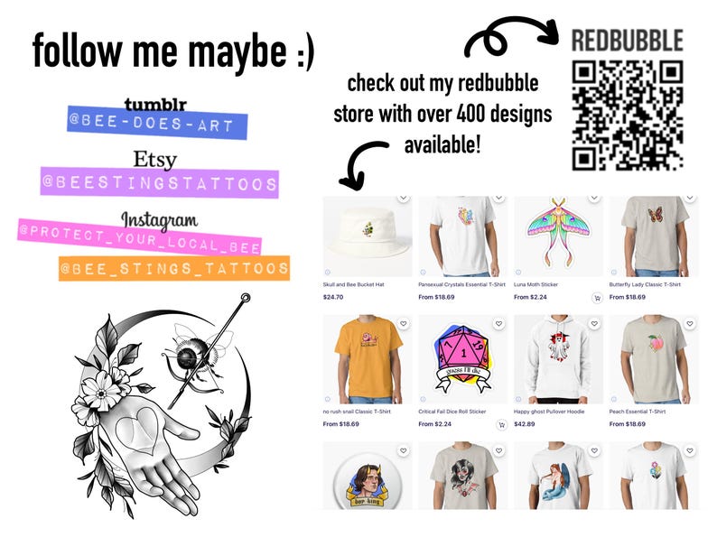 May include: Promotional image with text "follow me maybe :)" and social media handles for Tumblr, Etsy, and Instagram. Includes a Redbubble QR code and product examples like t-shirts and stickers.