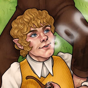 May include: Illustration of a character with curly blonde hair, blue eyes, and pointed ears, wearing a yellow vest and smoking a pipe. The character is looking up, with smoke rising from the pipe. The background is a mix of green and brown.