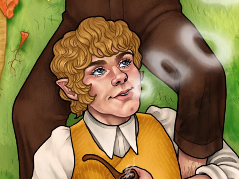 May include: Illustration of a character with curly blonde hair, blue eyes, and pointed ears, wearing a yellow vest and smoking a pipe. The character is looking up, with smoke rising from the pipe. The background is a mix of green and brown.