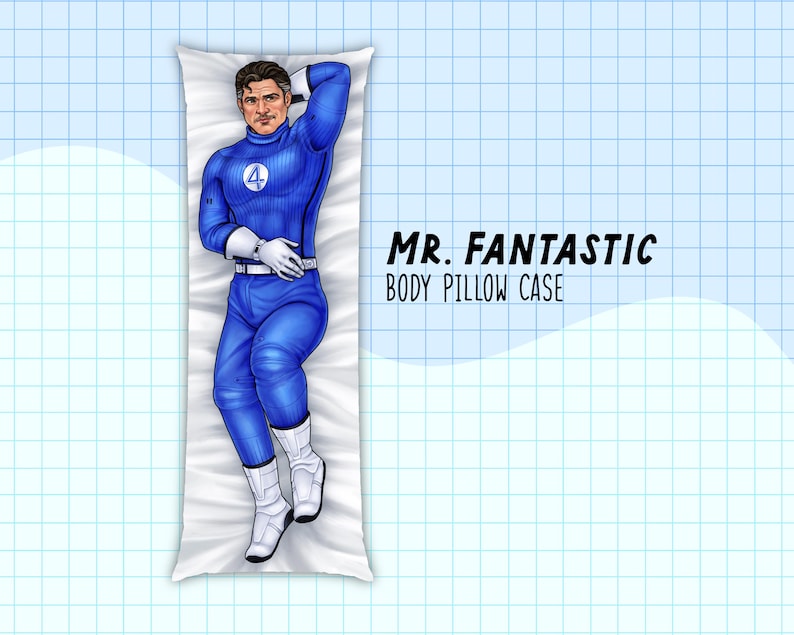 May include: A rectangular body pillow case featuring a printed illustration of a character in a blue suit with a white number four emblem on the chest, white gloves, and white boots. The text MR. FANTASTIC BODY PILLOW CASE is printed on the side.