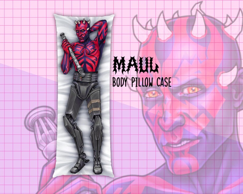 May include: A rectangular body pillow case featuring a full-length illustration of a red and black horned character holding a double-bladed lightsaber. The text MAUL BODY PILLOW CASE is printed in black. The background has a pink grid pattern.