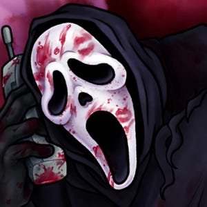 May include: Illustration of a white Scream mask with red blood and lipstick marks, set against a dark background. The mask is part of a black hooded costume, holding a vintage phone. The image has a horror theme.
