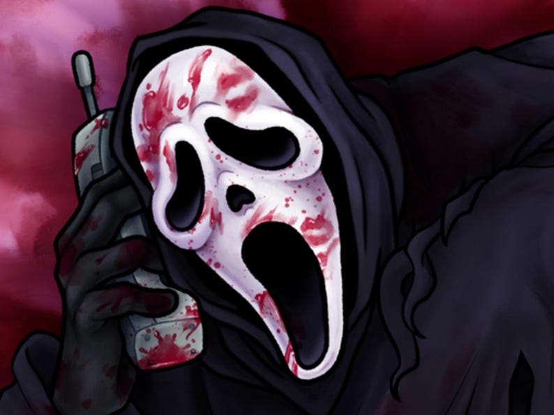 May include: Illustration of a white Scream mask with red blood and lipstick marks, set against a dark background. The mask is part of a black hooded costume, holding a vintage phone. The image has a horror theme.