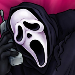 May include: Illustration of the Ghostface mask from the Scream horror film franchise. The mask is white with black eye and mouth openings, set against a black hooded robe. A gray cell phone is held up to the mask's face.