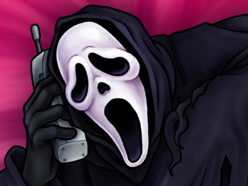 May include: Illustration of the Ghostface mask from the Scream horror film franchise. The mask is white with black eye and mouth openings, set against a black hooded robe. A gray cell phone is held up to the mask's face.
