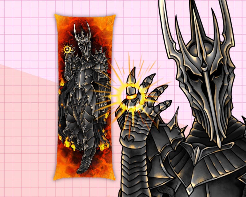May include: A body pillow featuring a detailed illustration of a dark armored figure with a crown, holding a glowing orb. The background is a fiery orange and red. The figure is also depicted in a separate illustration.