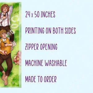 May include: A rectangular pillow cover featuring an illustration of two characters in a green field. The pillow cover is 24 x 50 inches, with printing on both sides, a zipper opening, and is machine washable.