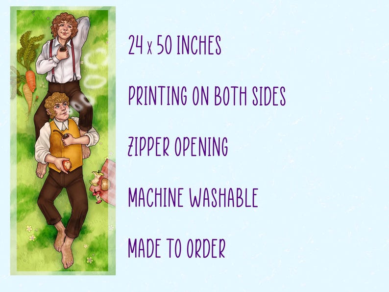 May include: A rectangular pillow cover featuring an illustration of two characters in a green field. The pillow cover is 24 x 50 inches, with printing on both sides, a zipper opening, and is machine washable.