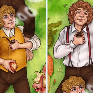 May include: Two illustrations of hobbits relaxing on a grassy field. One hobbit wears a yellow vest and holds an apple and a pipe. The other hobbit wears suspenders and holds a pipe. The artwork has a whimsical, fantasy theme.
