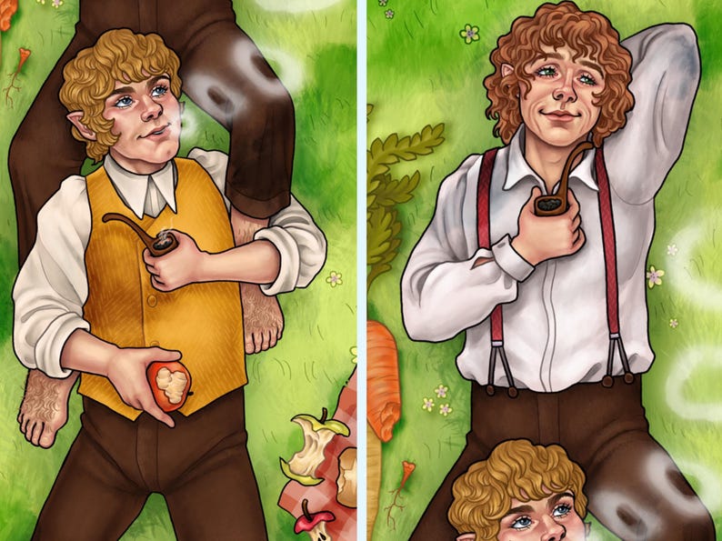 May include: Two illustrations of hobbits relaxing on a grassy field. One hobbit wears a yellow vest and holds an apple and a pipe. The other hobbit wears suspenders and holds a pipe. The artwork has a whimsical, fantasy theme.