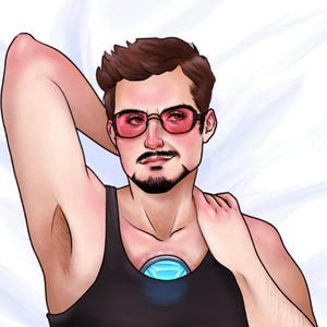 May include: A digital illustration of a man wearing a black tank top with a blue and silver design on the chest. He is wearing red-tinted sunglasses and has a goatee.