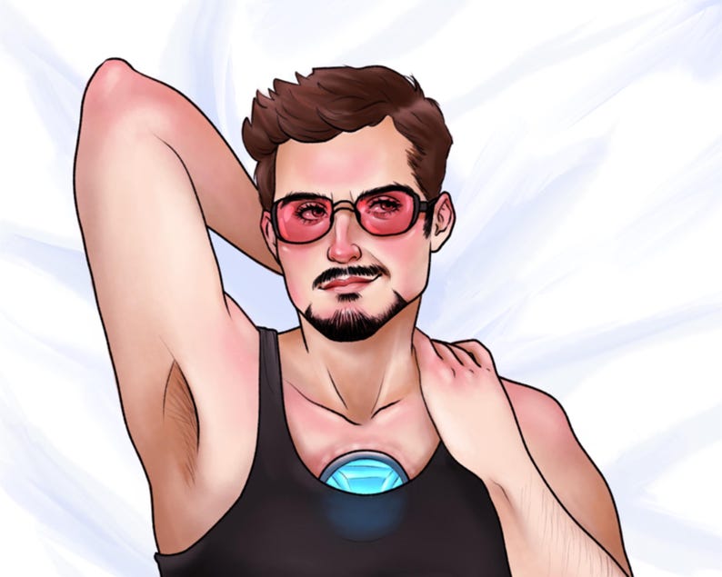 May include: A digital illustration of a man wearing a black tank top with a blue and silver design on the chest. He is wearing red-tinted sunglasses and has a goatee.