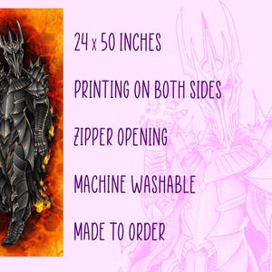 May include: A decorative pillow featuring a detailed illustration of a dark figure in armor, holding a glowing orb, set against a fiery background. The pillow measures 24 x 50 inches and includes the text: "PRINTING ON BOTH SIDES, ZIPPER OPENING, MACHINE WASHABLE, MADE TO ORDER."