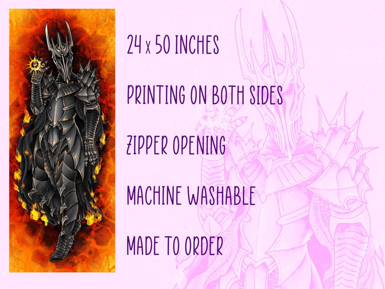 May include: A decorative pillow featuring a detailed illustration of a dark figure in armor, holding a glowing orb, set against a fiery background. The pillow measures 24 x 50 inches and includes the text: "PRINTING ON BOTH SIDES, ZIPPER OPENING, MACHINE WASHABLE, MADE TO ORDER."