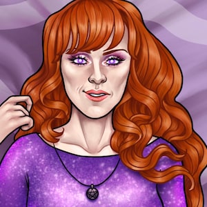 May include: A digital illustration of a person with long wavy ginger hair and glowing purple eyes. The person wears a long-sleeved purple top with a subtle glittery texture and a black cord necklace featuring a circular pendant with a pentagram design.