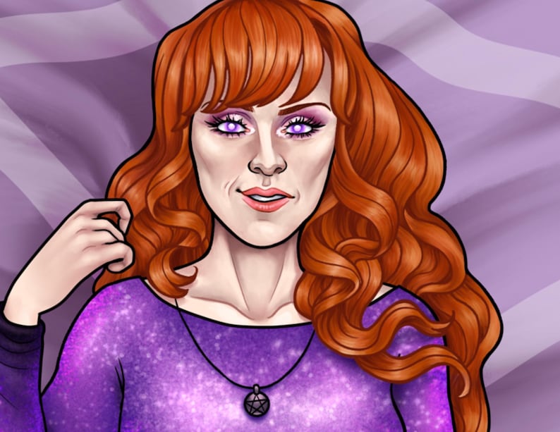 May include: A digital illustration of a person with long wavy ginger hair and glowing purple eyes. The person wears a long-sleeved purple top with a subtle glittery texture and a black cord necklace featuring a circular pendant with a pentagram design.