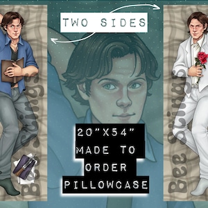 May include: A pillowcase featuring two different images of a man. One side shows him in a blue shirt holding a book, the other side shows him in a white suit holding a red rose. The pillowcase is 20 inches by 54 inches and is made to order. "Two Sides" and "20" x 54" Made to Order Pillowcase" are written on the image.