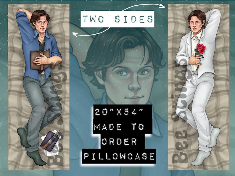 May include: A pillowcase featuring two different images of a man. One side shows him in a blue shirt holding a book, the other side shows him in a white suit holding a red rose. The pillowcase is 20 inches by 54 inches and is made to order. "Two Sides" and "20" x 54" Made to Order Pillowcase" are written on the image.