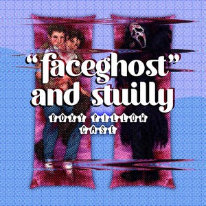 May include: Two rectangular pillowcases with a blue background and a glitch effect. One pillowcase features a couple, the other a Scream mask. Text reads "faceghost" and "stuilly" with "boxy pillow case" below.