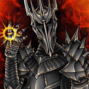 May include: Digital illustration of a character in dark armor with a spiked crown and mask, holding a glowing orb. The background is a fiery orange and red. The character's armor is detailed with sharp edges and metallic shading.
