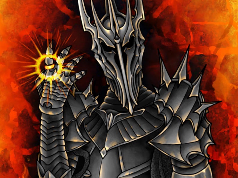 May include: Digital illustration of a character in dark armor with a spiked crown and mask, holding a glowing orb. The background is a fiery orange and red. The character's armor is detailed with sharp edges and metallic shading.
