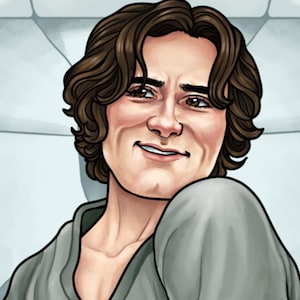 May include: Digital illustration of a person with brown wavy hair and a slight smile. The person is wearing a gray garment and is set against a light blue background. The artwork has a cartoonish style.