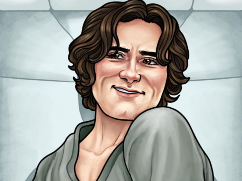 May include: Digital illustration of a person with brown wavy hair and a slight smile. The person is wearing a gray garment and is set against a light blue background. The artwork has a cartoonish style.
