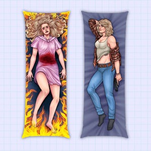 May include: A rectangular body pillow featuring two distinct illustrations. The left side shows a person with long blonde hair in a pink nightgown surrounded by yellow and orange flames. The right side shows a person in a white tank top, plaid shirt, and blue jeans holding a black handgun.