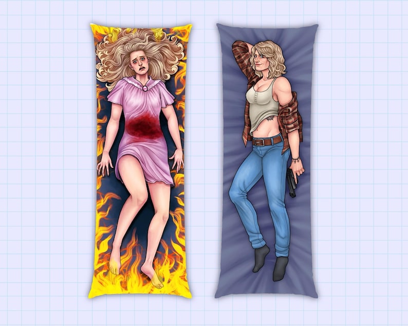 May include: A rectangular body pillow featuring two distinct illustrations. The left side shows a person with long blonde hair in a pink nightgown surrounded by yellow and orange flames. The right side shows a person in a white tank top, plaid shirt, and blue jeans holding a black handgun.
