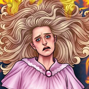 May include: A digital illustration of a person with long, voluminous blonde hair and a distressed facial expression. The person wears a light pink collared garment with a central pink circular brooch, set against a background of bright orange flames.