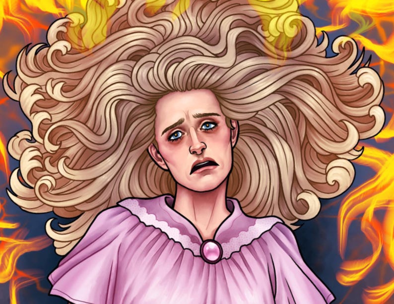 May include: A digital illustration of a person with long, voluminous blonde hair and a distressed facial expression. The person wears a light pink collared garment with a central pink circular brooch, set against a background of bright orange flames.