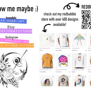 May include: An image with the text "follow me maybe :)" and social media handles for Tumblr, Etsy, and Instagram. A Redbubble QR code is present, along with product examples like t-shirts and stickers.