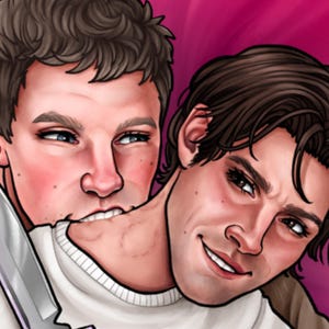 May include: Digital illustration of two men, one biting the other's neck with a knife. The man on the left has short brown hair and a tan sweater. The man on the right has dark hair and a white sweater. The background is pink.