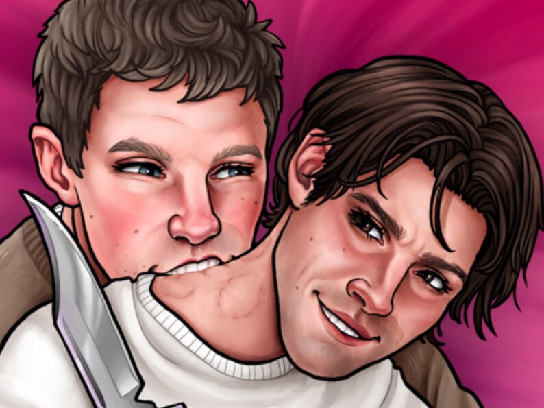 May include: Digital illustration of two men, one biting the other's neck with a knife. The man on the left has short brown hair and a tan sweater. The man on the right has dark hair and a white sweater. The background is pink.