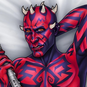 May include: A digital illustration of a character with red and black skin patterns, yellow eyes, and horns on the head. The character holds a silver metallic lightsaber hilt in one hand while the other arm is raised behind the head.