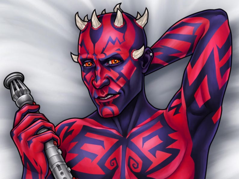 May include: A digital illustration of a character with red and black skin patterns, yellow eyes, and horns on the head. The character holds a silver metallic lightsaber hilt in one hand while the other arm is raised behind the head.