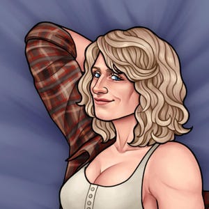 May include: A digital illustration of a person with shoulder-length wavy blonde hair, wearing a white tank top with a buttoned neckline and a red and black plaid flannel shirt draped over one shoulder, set against a blue radial background.