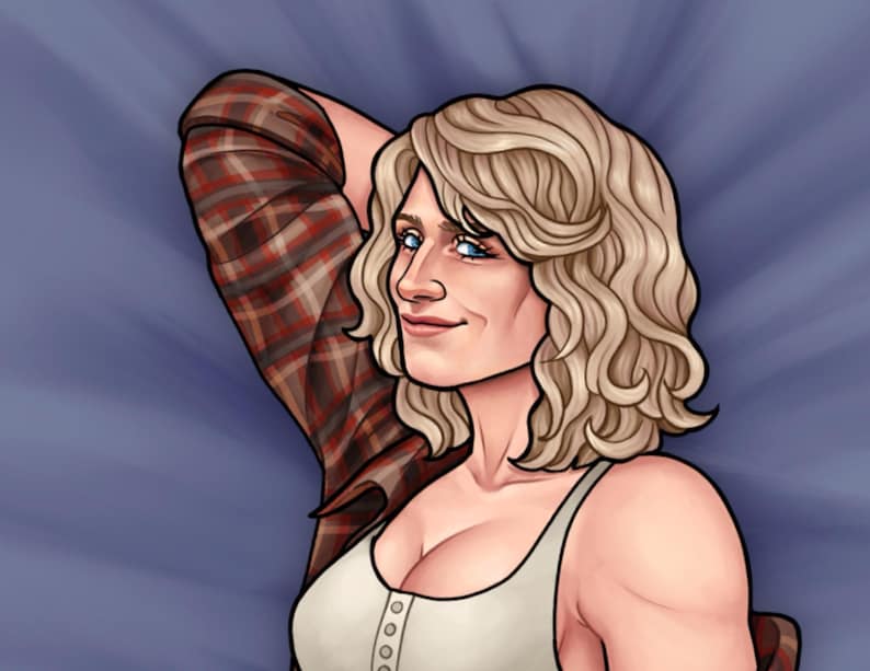 May include: A digital illustration of a person with shoulder-length wavy blonde hair, wearing a white tank top with a buttoned neckline and a red and black plaid flannel shirt draped over one shoulder, set against a blue radial background.
