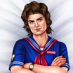 May include: Illustration of a person with brown hair wearing a blue sailor-style shirt with red accents and a name tag that says "Steve". The person is wearing a gold watch and has their arms crossed. An ice cream cone is on the shirt.