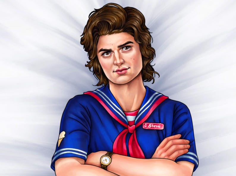 May include: Illustration of a person with brown hair wearing a blue sailor-style shirt with red accents and a name tag that says "Steve". The person is wearing a gold watch and has their arms crossed. An ice cream cone is on the shirt.
