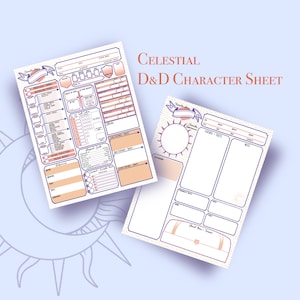 Gold Celestial Dungeons and Dragons Character Sheet — 2 Pages Instant png Download